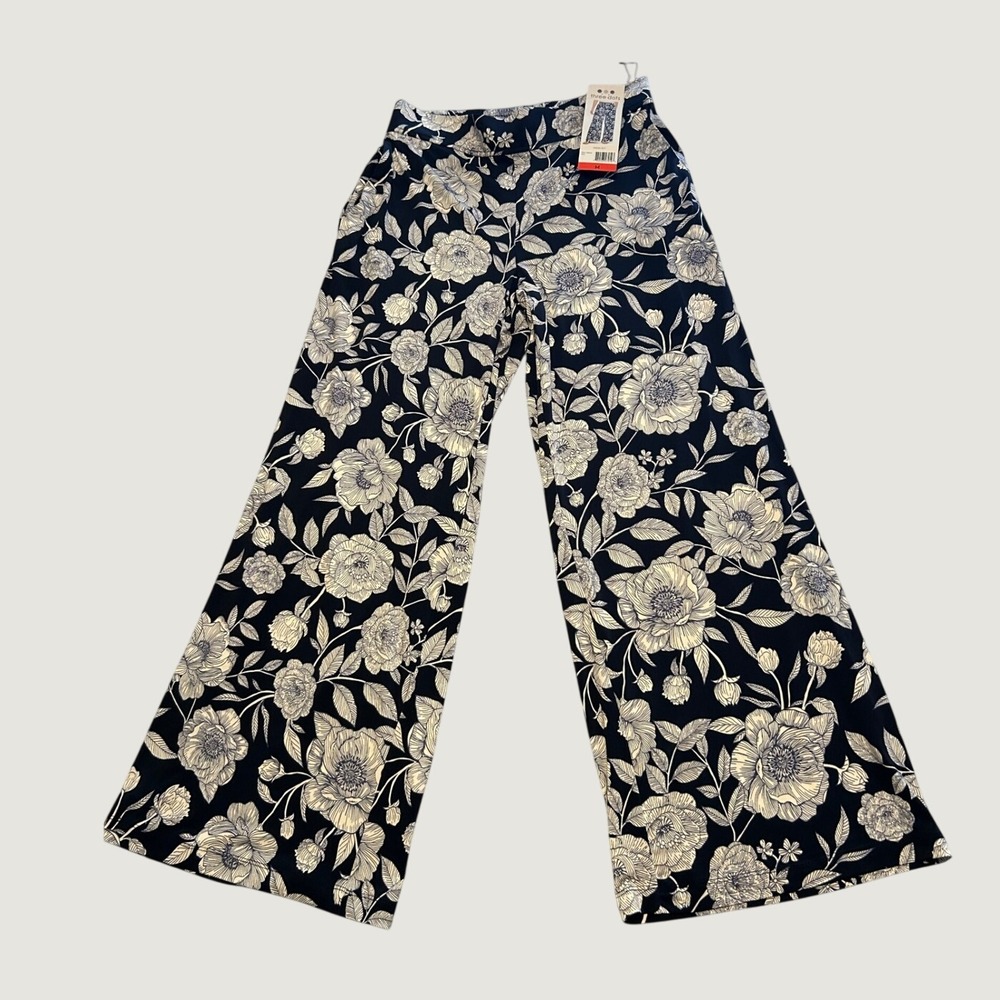 Three Dots Wide Leg Pants Womens Size M Navy Blue Floral NWT Elastic Waist